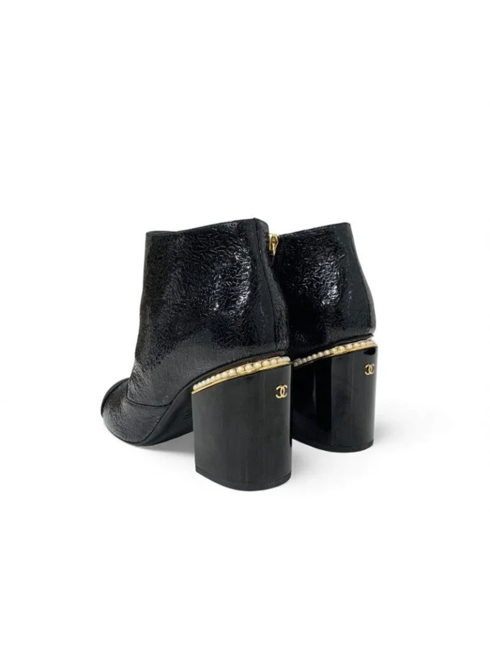 Chanel Short Boots Shoes Leather Fabric Black Gold CC Logo Pearl - Picture 4 of 10